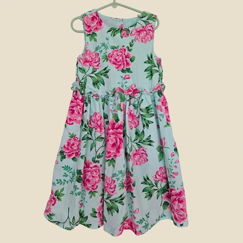 Gymboree Girls Mint Green Pink Peony Floral Ruffle Cotton Party Dress Size 7y